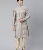 Cream floral block printed angrakha full open chanderi silk kurtas