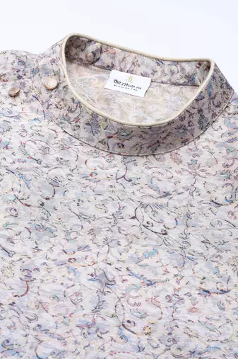 Cream floral block printed angrakha full open chanderi silk kurtas