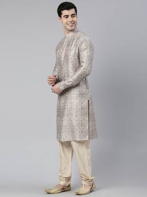 Cream floral block printed angrakha full open chanderi silk kurtas 3