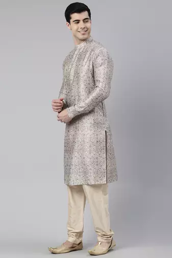 Cream floral block printed angrakha full open chanderi silk kurtas