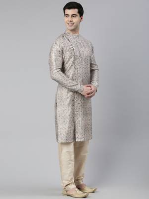Cream floral block printed angrakha full open chanderi silk kurtas 4