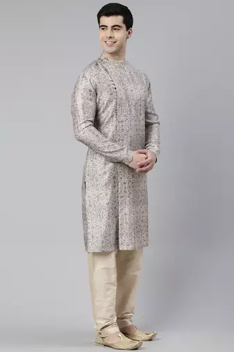 Cream floral block printed angrakha full open chanderi silk kurtas