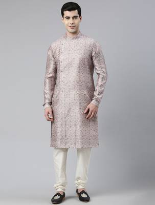 Pink floral block printed angrakha chanderi silk kurtas 1