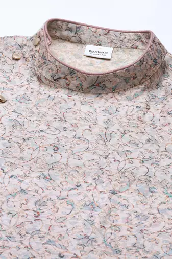 Pink floral block printed angrakha chanderi silk kurtas