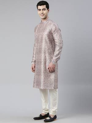 Pink floral block printed angrakha chanderi silk kurtas 3