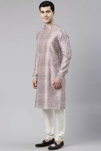 Pink floral block printed angrakha chanderi silk kurtas