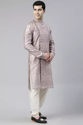 Pink floral block printed angrakha chanderi silk kurtas