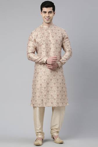 Beige floral block printed angrakha chanderi silk kurtas