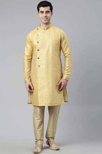 Yellow gold banarasi brocade angrakha style kurtas