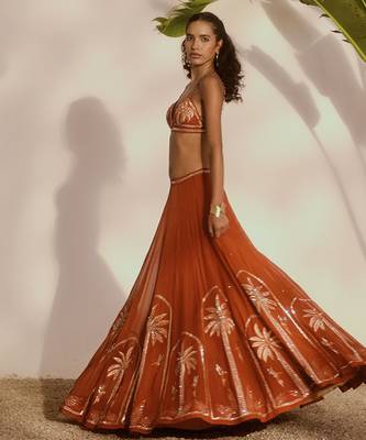 orange embroidered organza lehenga 5