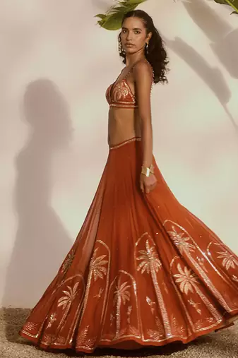 orange embroidered organza lehenga