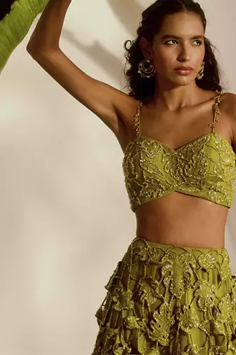 green embroidered organza lehenga