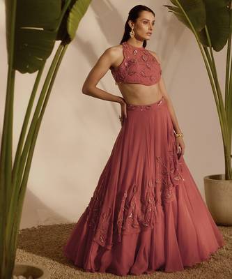 pink embroidered organza lehenga 5