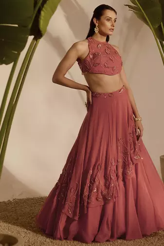 pink embroidered organza lehenga