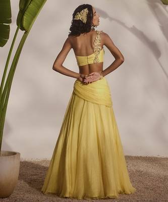 yellow plain organza lehenga with embroidered blouse 5