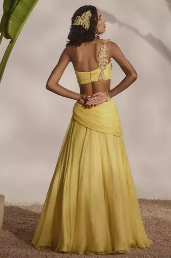 yellow plain organza lehenga with embroidered blouse