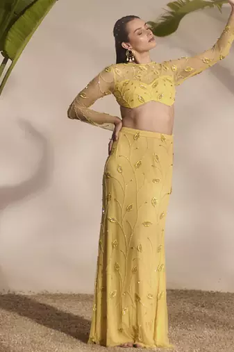 yellow embroidered net lehenga with blouse