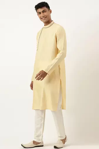 Jacquard angrakha style yellow kurta with side placket