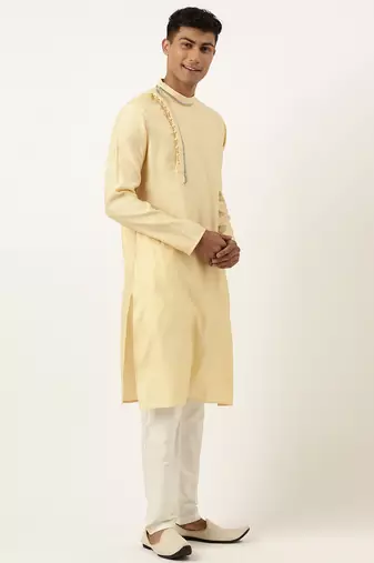 Jacquard angrakha style yellow kurta with side placket