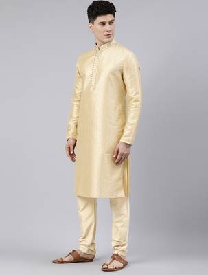 Beige art silk kurtas with shining golden khadi print 3