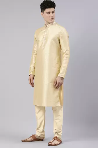 Beige art silk kurtas with shining golden khadi print