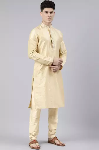 Beige art silk kurtas with shining golden khadi print
