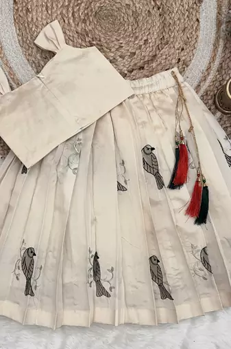 Kids Cream New south Indian traditional pattu pavadai Jacquard Lehenga choli for girls dress