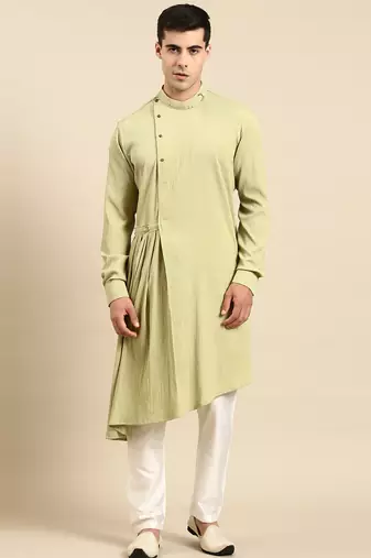 Pistachio side placket asymetrical drape kurtas