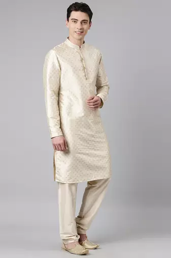 Cream silk gold printed kurtas