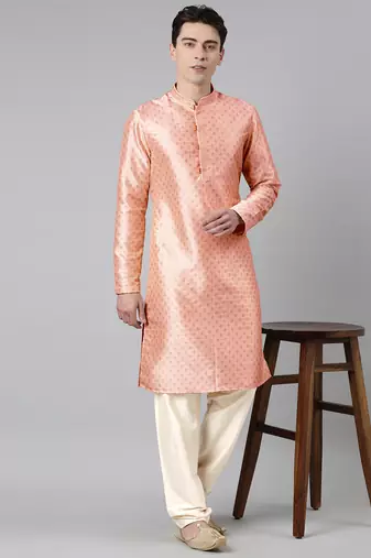 Peach silk gold printed kurtas
