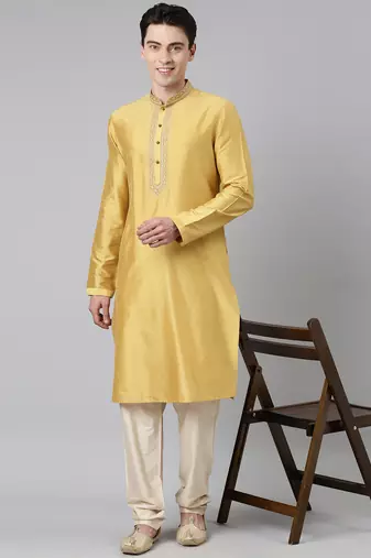 Haldi silk embroidery kurtas