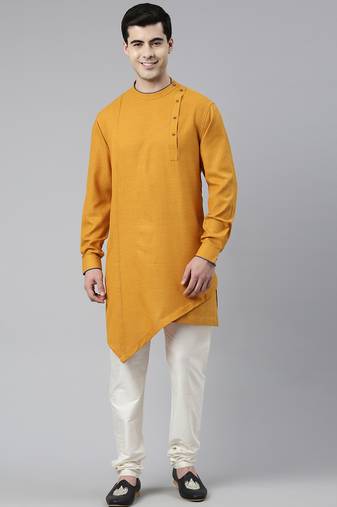 Mustard self design asymmetrical kurtas