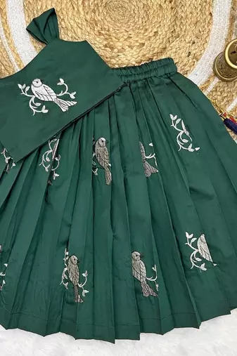 Kids Embroidery South Indian Traditional Pattu Pavadai Silk Blend Readymade Lehenga Choli Dress For Girls