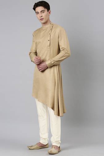 Beige self-design drape side-open kurta