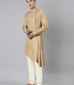 Beige self-design drape side-open kurta