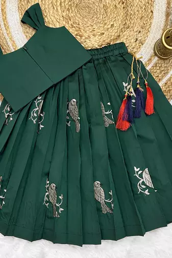 Kids Embroidery South Indian Traditional Pattu Pavadai Silk Blend Readymade Lehenga Choli Dress For Girls