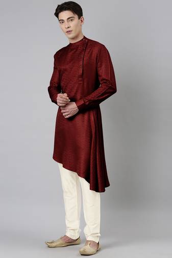Maroon self-design drape side-open kurta