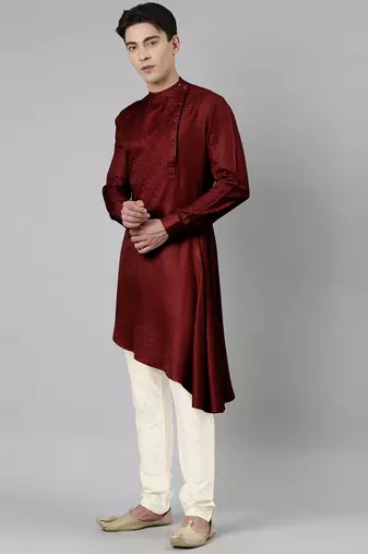 Maroon self-design drape side-open kurta