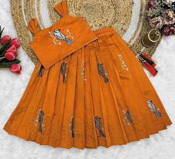 Kids Orange New south Indian traditional pattu pavadai Jacquard Lehenga choli for girls dress 1