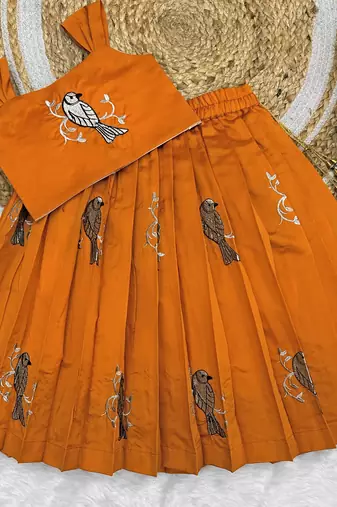 Kids Orange New south Indian traditional pattu pavadai Jacquard Lehenga choli for girls dress