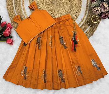 Kids Orange New south Indian traditional pattu pavadai Jacquard Lehenga choli for girls dress 2