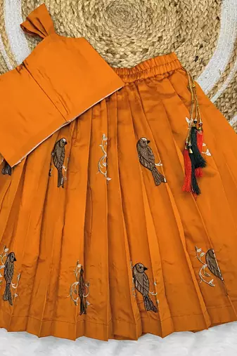 Kids Orange New south Indian traditional pattu pavadai Jacquard Lehenga choli for girls dress