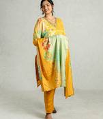 Yellow muslin silk kurta pant set with dupatta