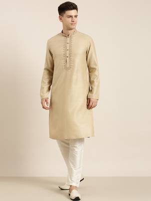 Beige cotton dori embroidered kurta 1