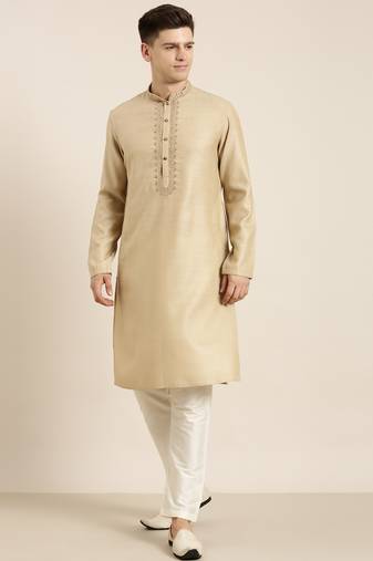 Beige cotton dori embroidered kurta