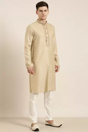 Beige cotton dori embroidered kurta