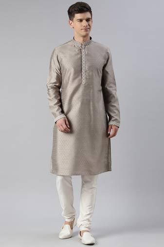 Grey self jacquard art silk embroidered kurtas