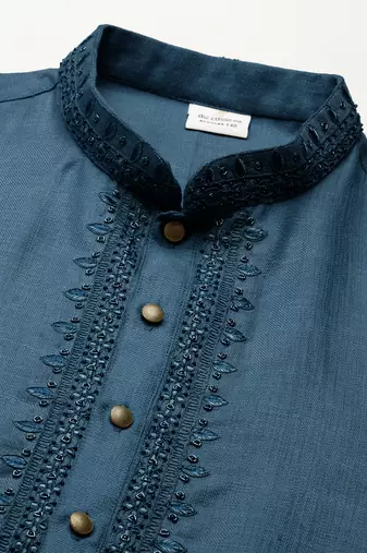 Denim blue cotton dori embroidered kurta