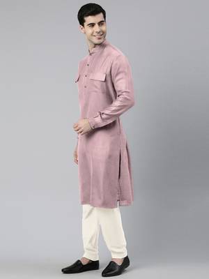 Old rose cotton pathani kurtas with patch pocket 3