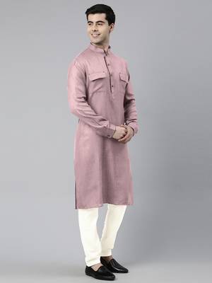Old rose cotton pathani kurtas with patch pocket 1